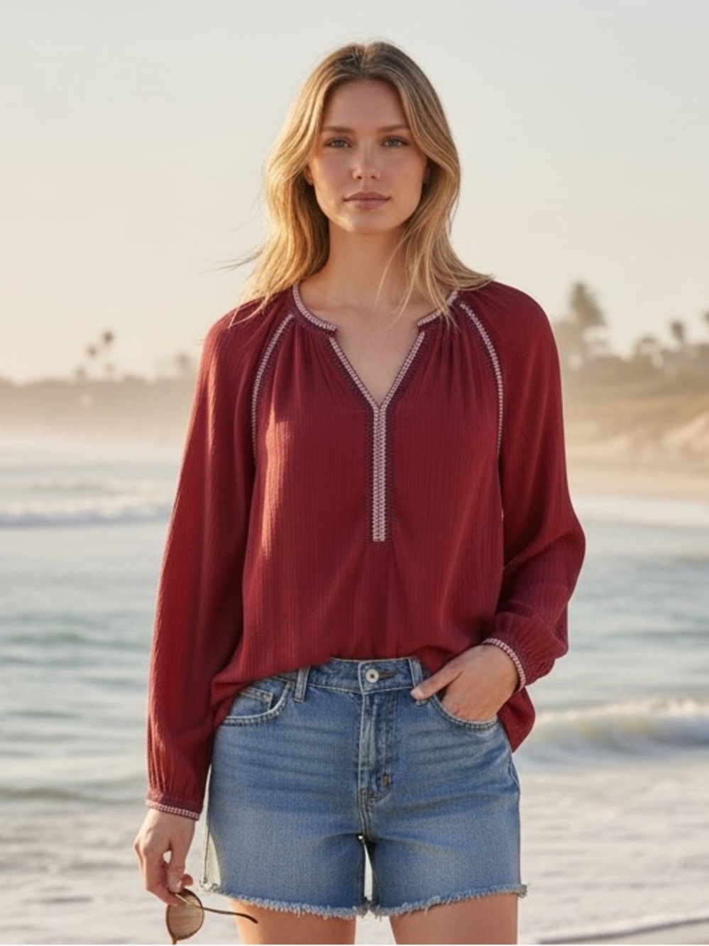 Garnet Hill Crimson Red Boho V-Neck Peasant Top